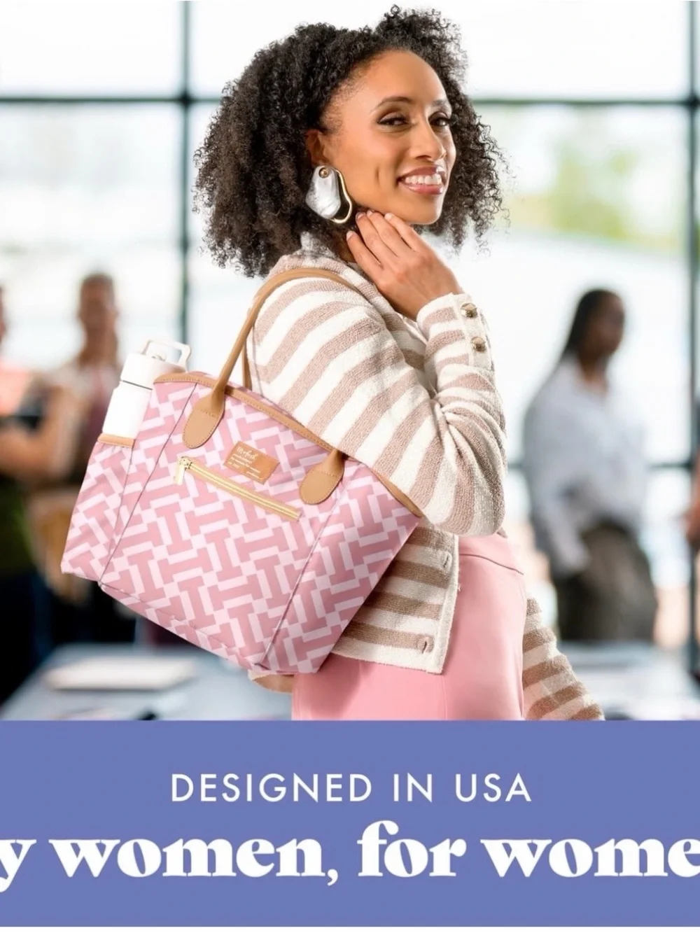 Blue Patterned Insulated Lunch Bag / Tote with Tan Trim